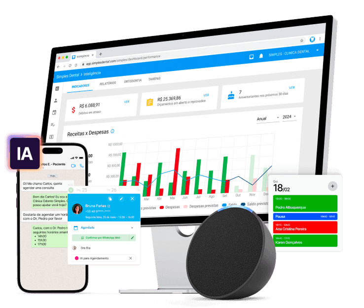 Computador exibindo o software Simples Dental com agenda, prontuário digital e controle financeiro integrados, em interface moderna e intuitiva em tons de azul