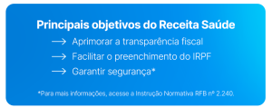 Principais objetivos do Receita Saúde: aprimorar transparência fiscal, facilitar IRPF e garantir segurança.